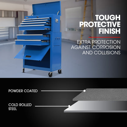 8-Drawer Tool Cabinet with Lockable Chests & Wheels, 0.2m Steel, Blue