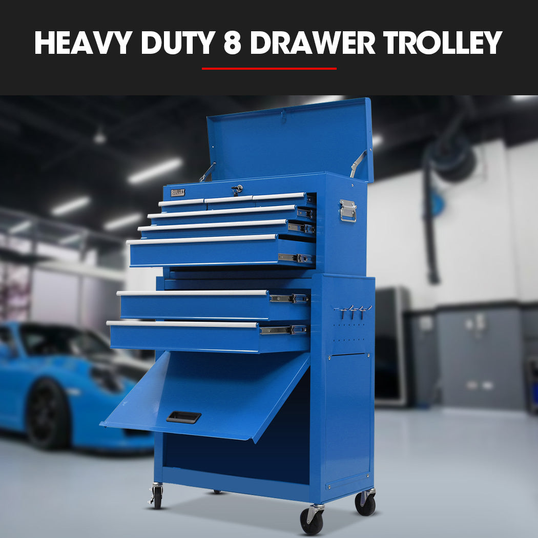 8-Drawer Tool Cabinet with Lockable Chests & Wheels, 0.2m Steel, Blue