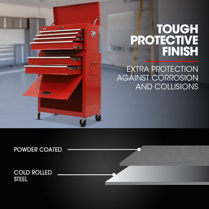 8-Drawer Tool Cabinet with Lockable Chest and Wheels, Red