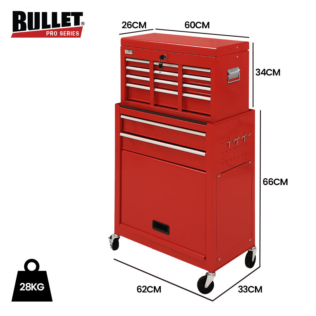8-Drawer Tool Cabinet with Lockable Chest and Wheels, Red