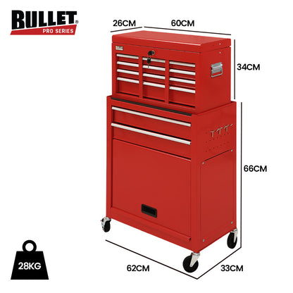 8-Drawer Tool Cabinet with Lockable Chest and Wheels, Red
