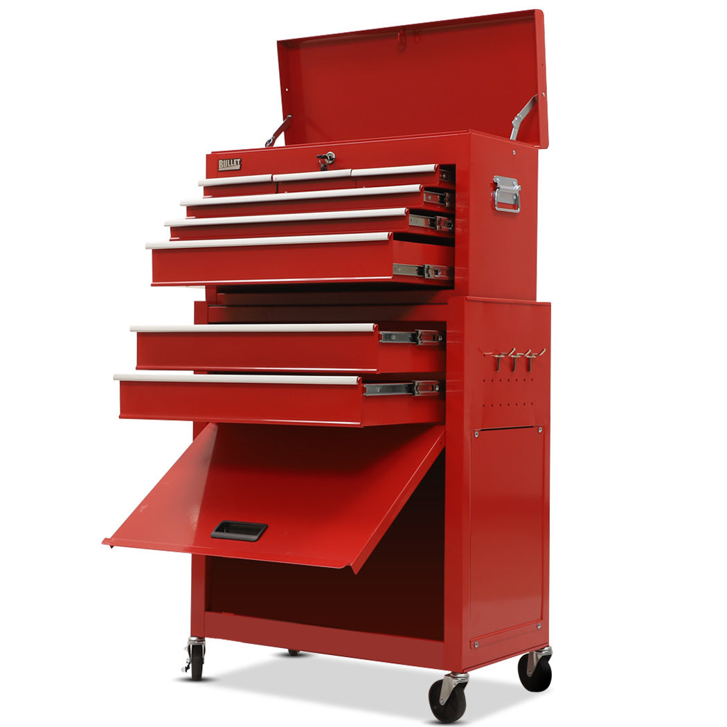 8-Drawer Tool Cabinet with Lockable Chest and Wheels, Red