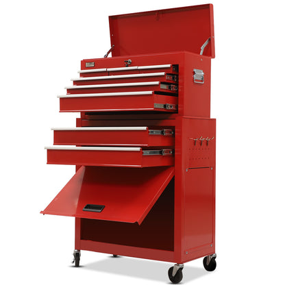 8-Drawer Tool Cabinet with Lockable Chest and Wheels, Red