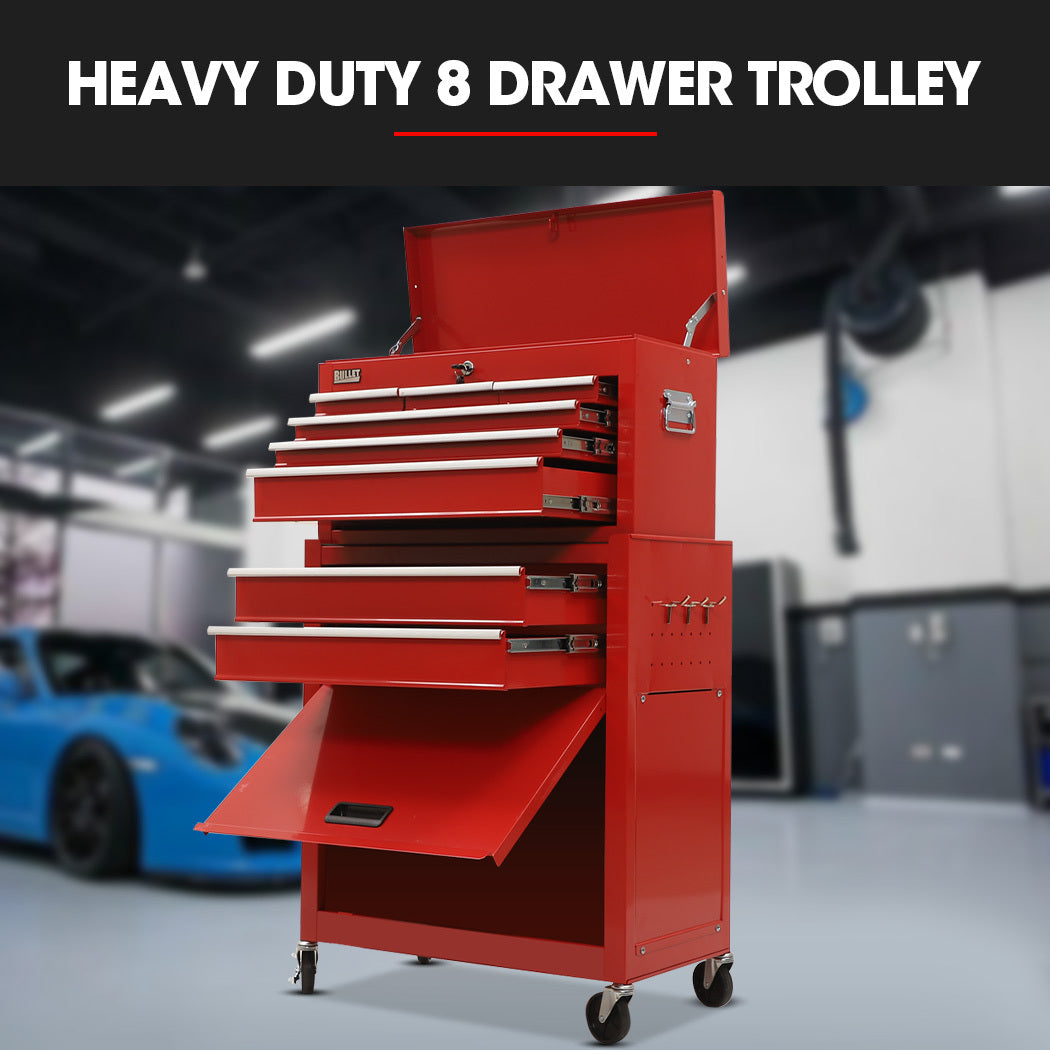 8-Drawer Tool Cabinet with Lockable Chest and Wheels, Red