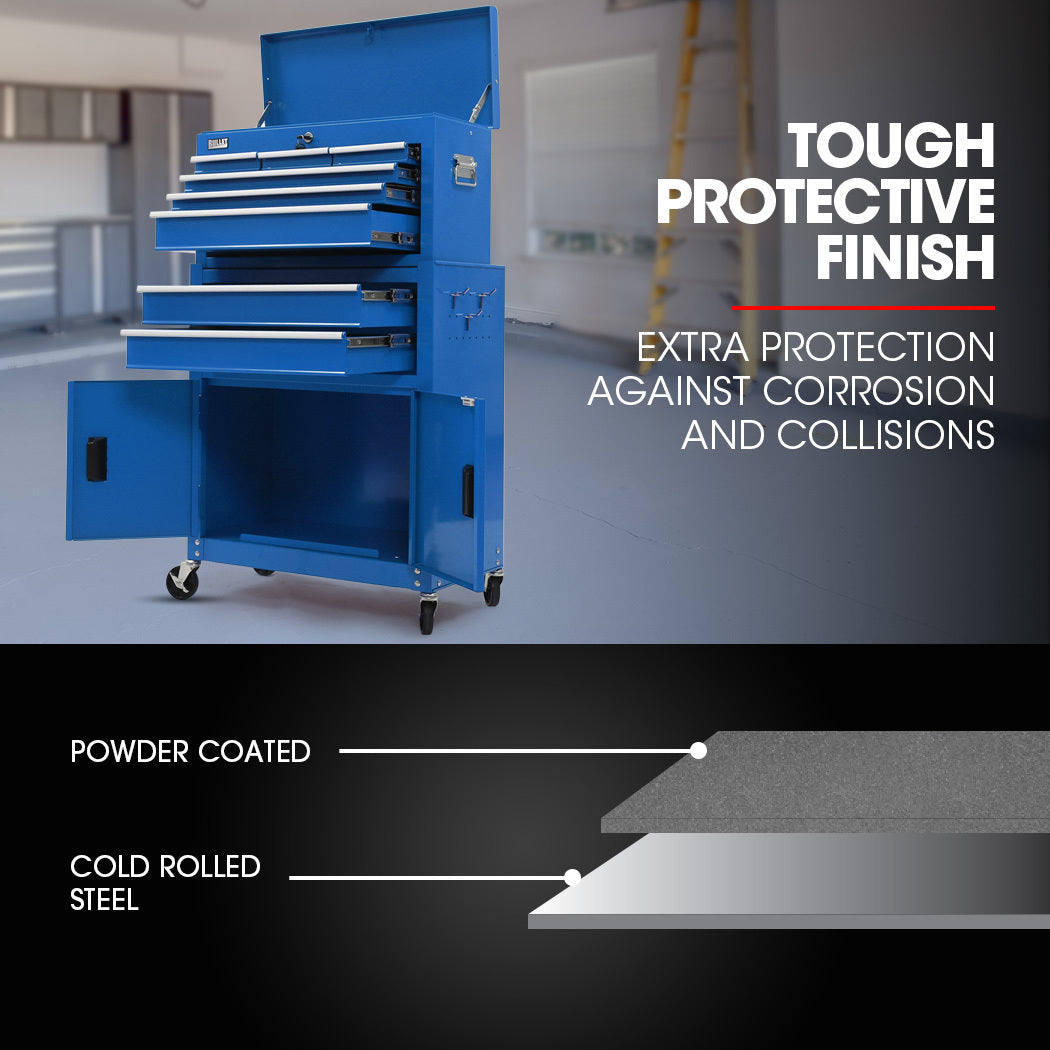 8-Drawer Tool Box Cabinet with Lockable Storage and Caster Wheels, Blue