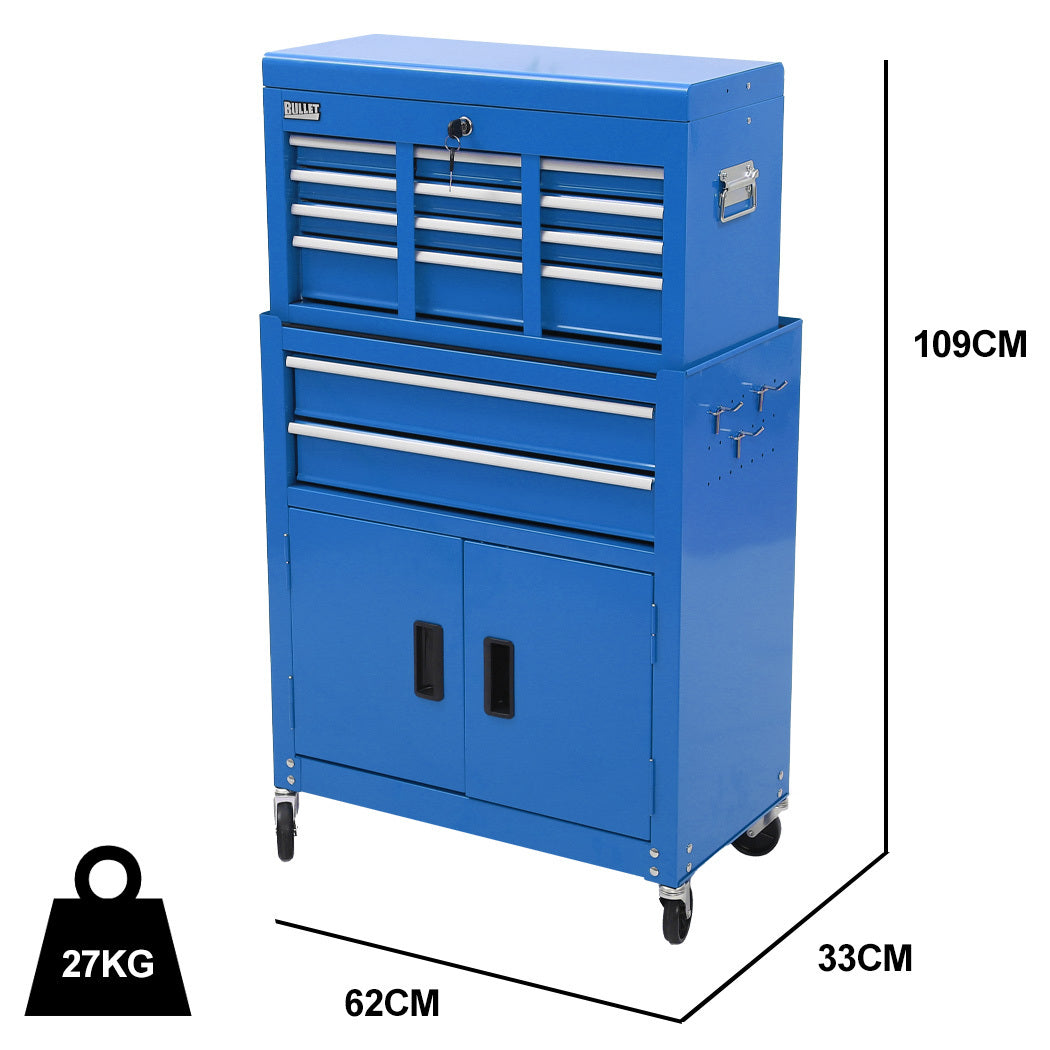 8-Drawer Tool Box Cabinet with Lockable Storage and Caster Wheels, Blue