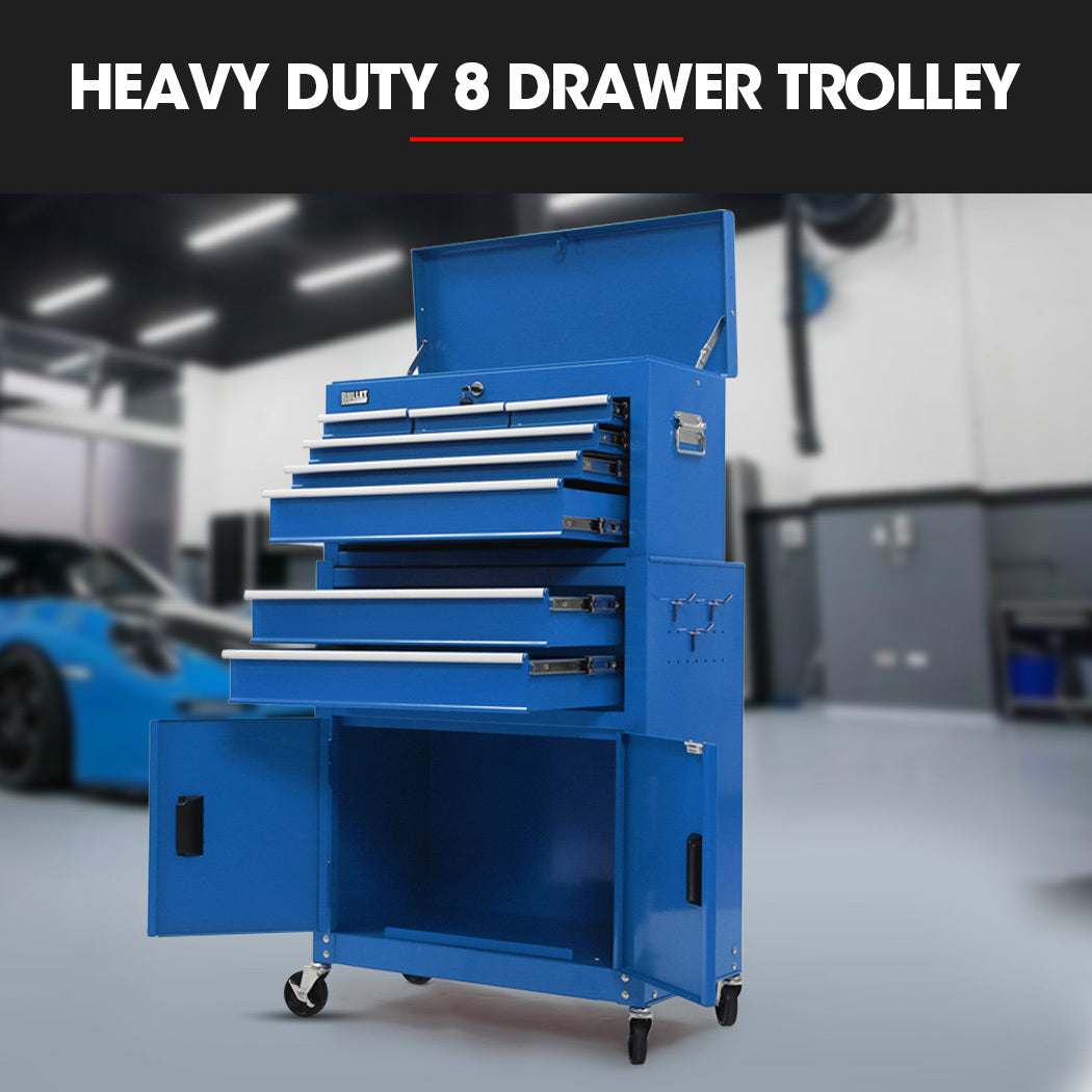 8-Drawer Tool Box Cabinet with Lockable Storage and Caster Wheels, Blue