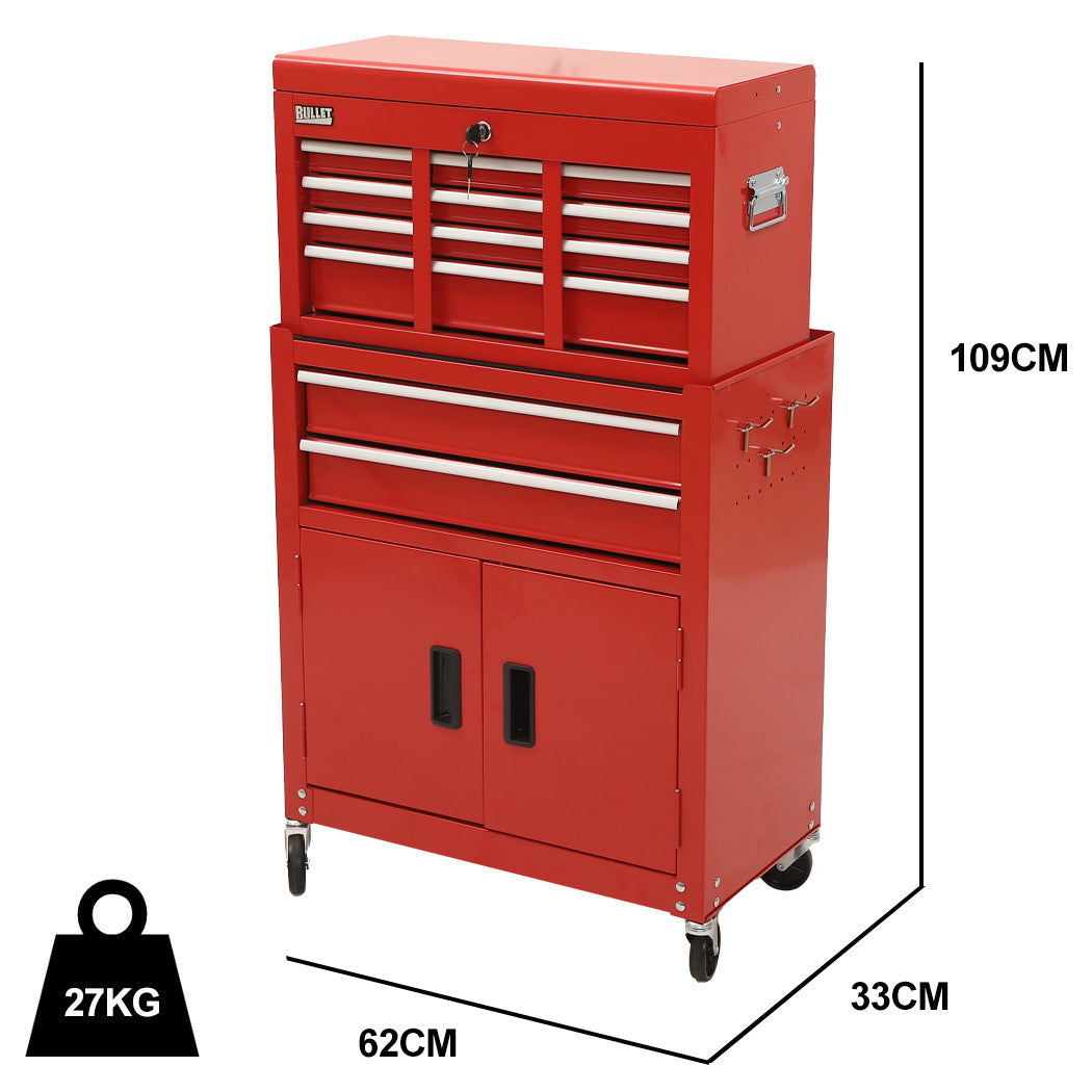 8-Drawer Tool Chest & 2-Door Cabinet with Lockable Wheels, Red