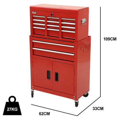 8-Drawer Tool Chest & 2-Door Cabinet with Lockable Wheels, Red