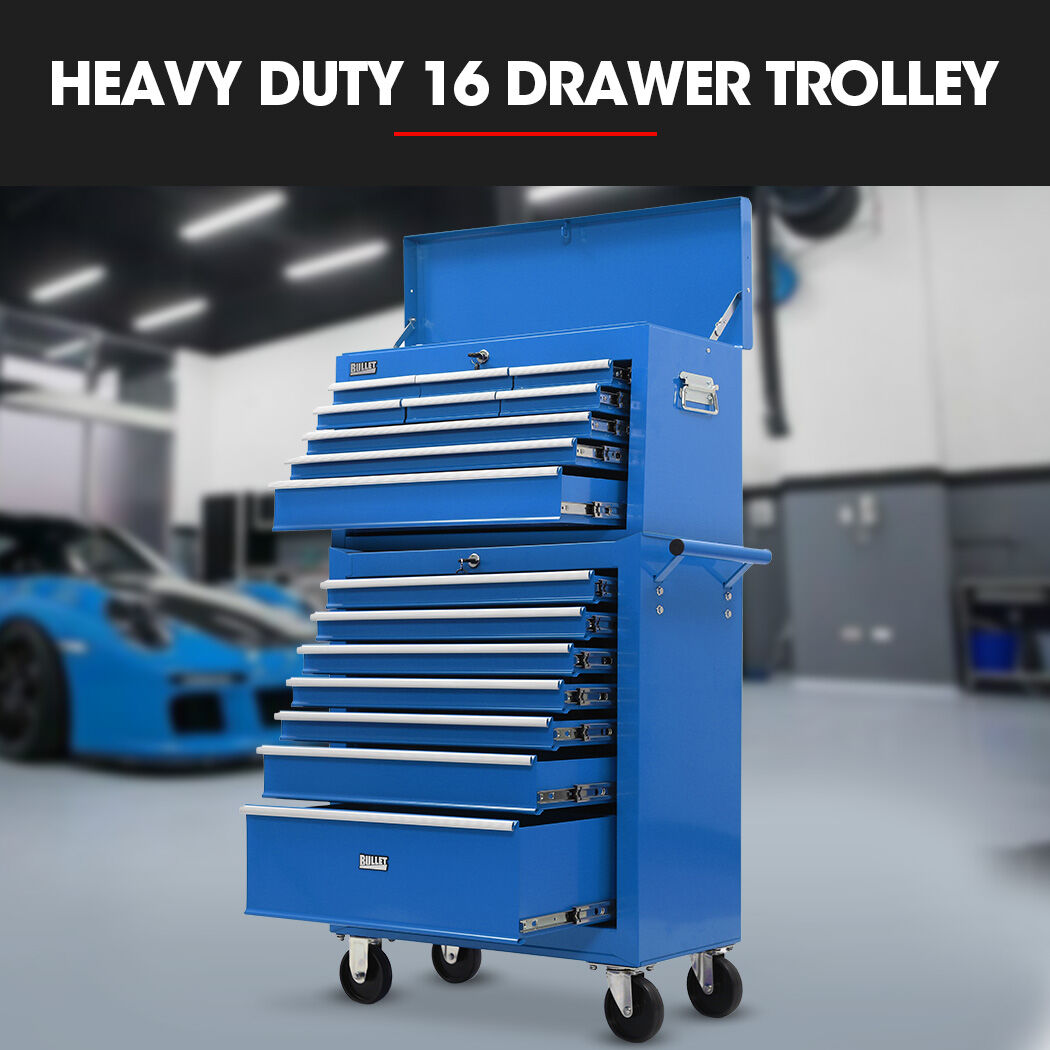 16 Drawer Tool Box Cabinet Chest Storage, Toolbox Garage Organiser Set, Blue