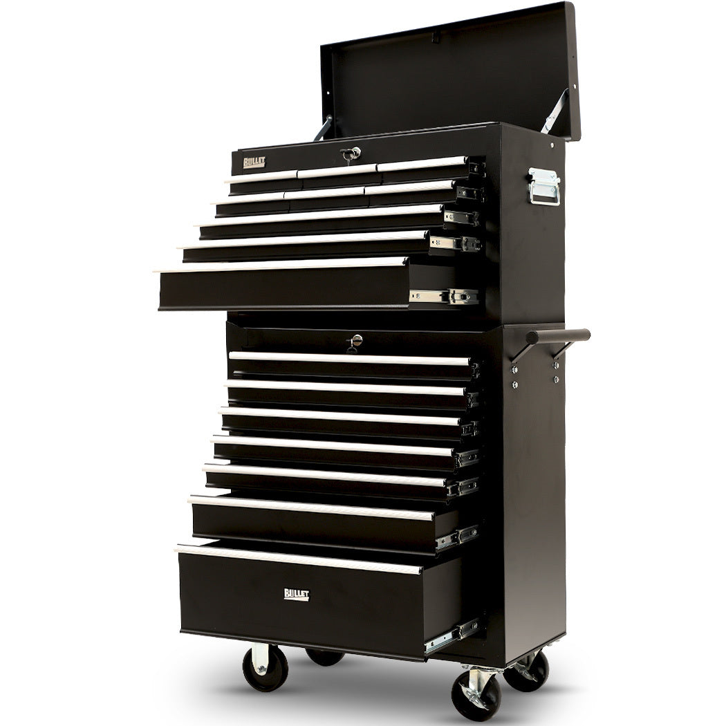 16-Drawer Tool Box Cabinet with Lockable Chest and Wheels, Black