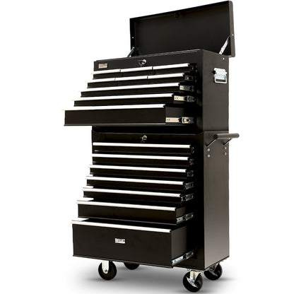 16-Drawer Tool Box Cabinet with Lockable Chest and Wheels, Black