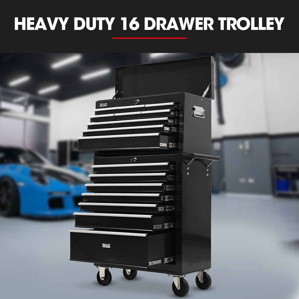 16-Drawer Tool Box Cabinet with Lockable Chest and Wheels, Black