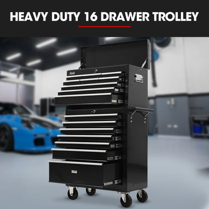 16-Drawer Tool Box Cabinet with Lockable Chest and Wheels, Black