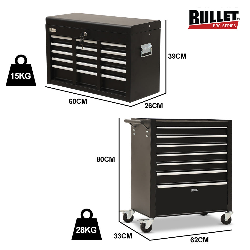 16-Drawer Tool Box Cabinet with Lockable Chest and Wheels, Black