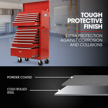 16-Drawer Tool Box Cabinet with Lockable Chest and Wheels, Red
