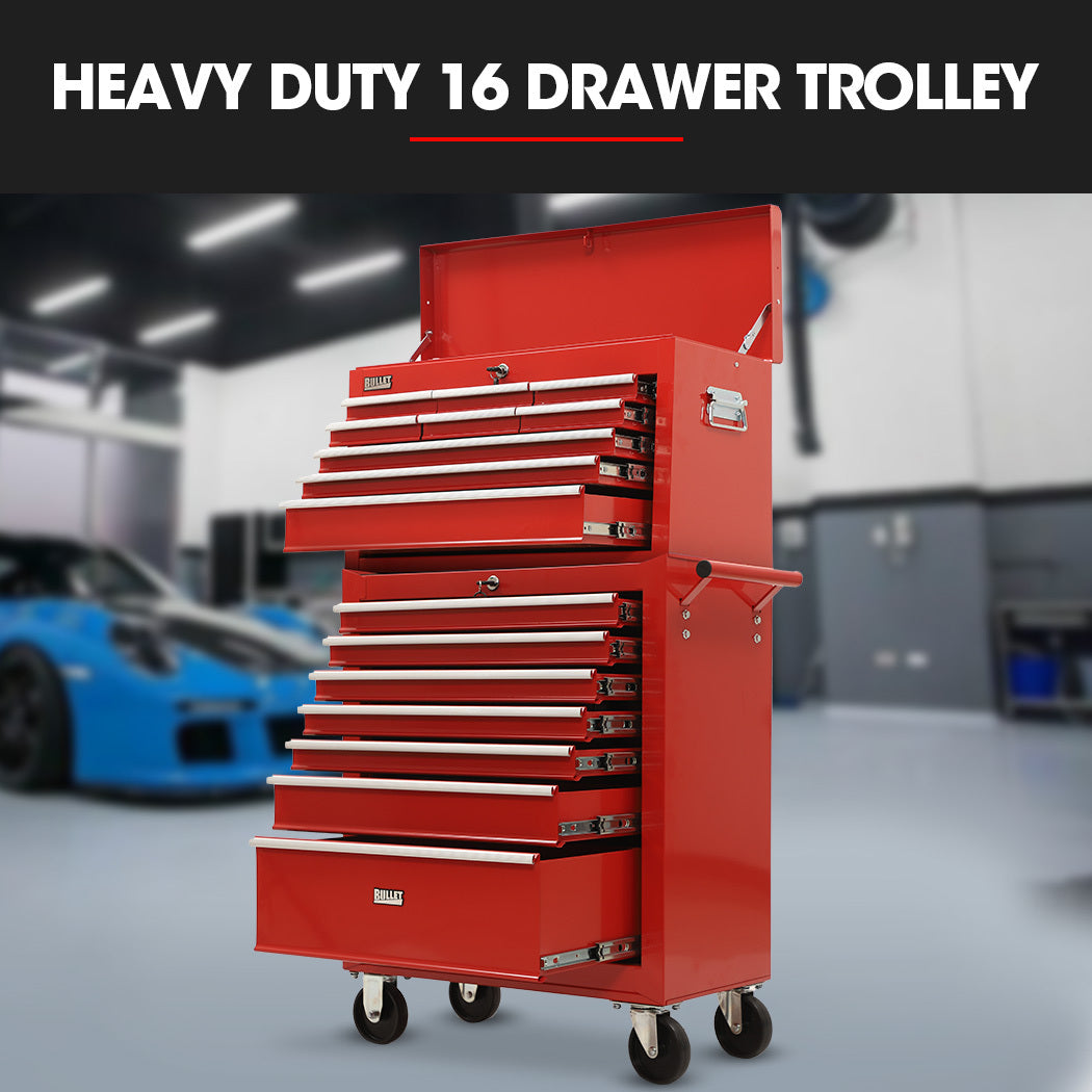 16-Drawer Tool Box Cabinet with Lockable Chest and Wheels, Red
