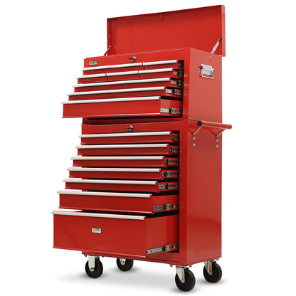 16-Drawer Tool Box Cabinet with Lockable Chest and Wheels, Red