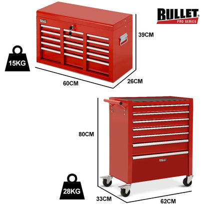 16-Drawer Tool Box Cabinet with Lockable Chest and Wheels, Red