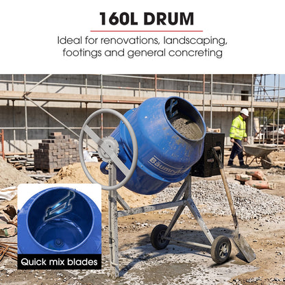 160L Heavy-Duty Petrol Concrete Cement Mixer, 3hp 105cc Engine