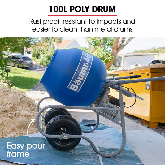 100L Portable Poly Drum Cement Mixer, Lightweight 36kg, 0.4m Tyres