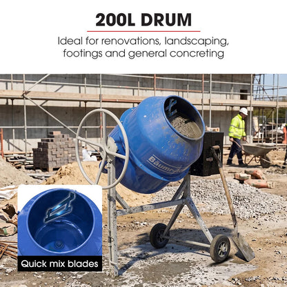 200L Heavy-Duty Petrol Concrete Cement Mixer, 3hp 105cc Engine