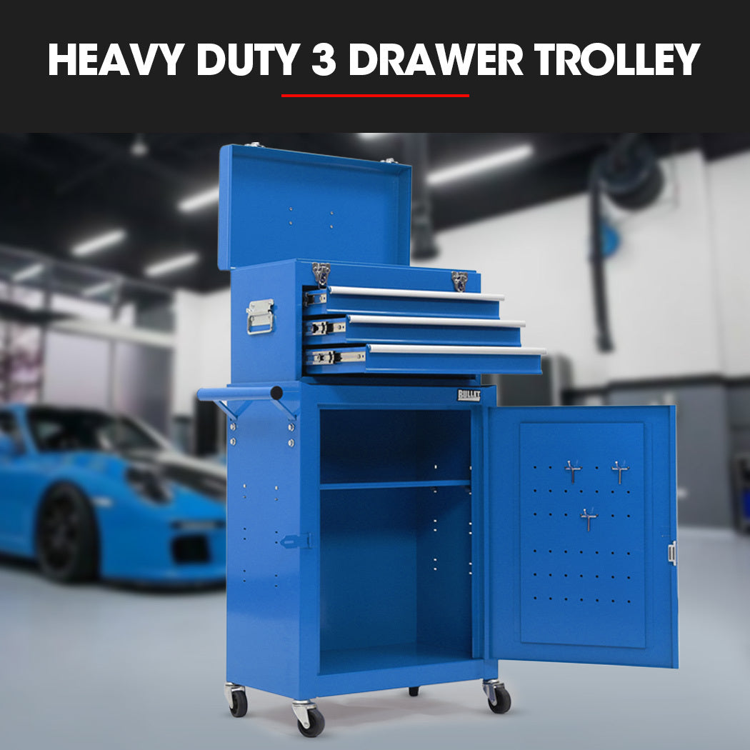 3-Drawer Tool Box Cabinet with 1-Door Storage Trolley, Blue - Efficient Organizer