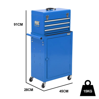 3-Drawer Tool Box Cabinet with 1-Door Storage Trolley, Blue - Efficient Organizer
