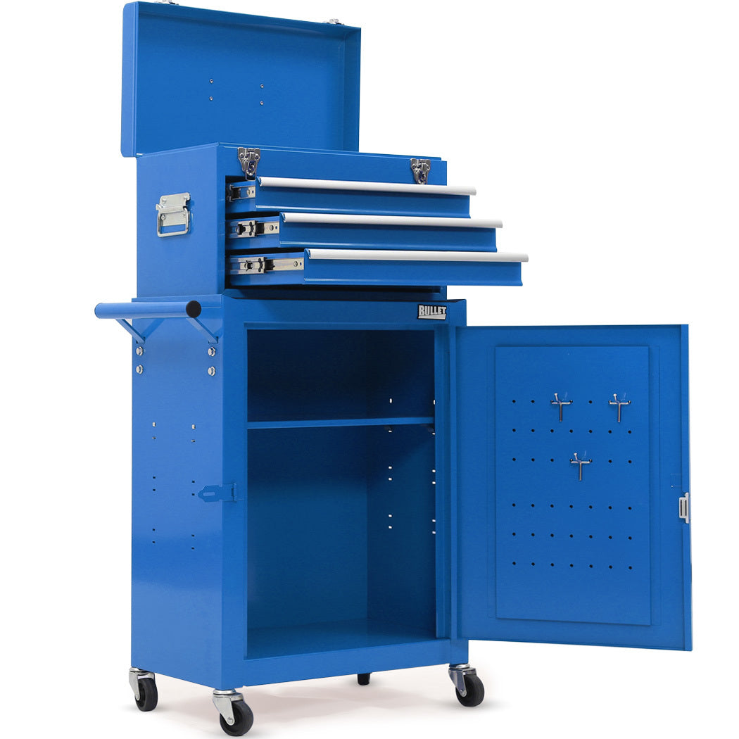 3-Drawer Tool Box Cabinet with 1-Door Storage Trolley, Blue - Efficient Organizer