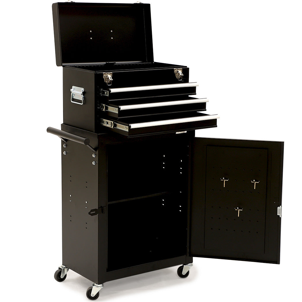 3-Drawer Tool Box Cabinet with 1-Door Toolbox and Lockable Wheels, Black