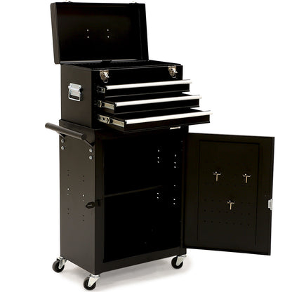 3-Drawer Tool Box Cabinet with 1-Door Toolbox and Lockable Wheels, Black