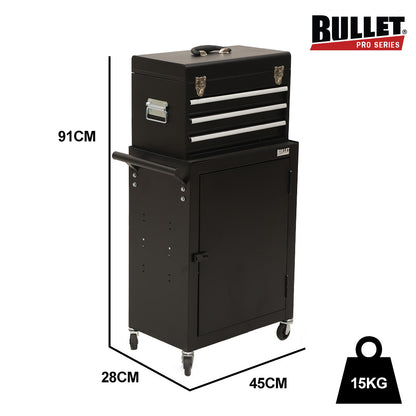 3-Drawer Tool Box Cabinet with 1-Door Toolbox and Lockable Wheels, Black