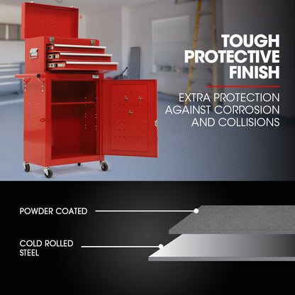 3-Drawer Tool Cabinet Trolley with Storage & Lockable Wheels - Red