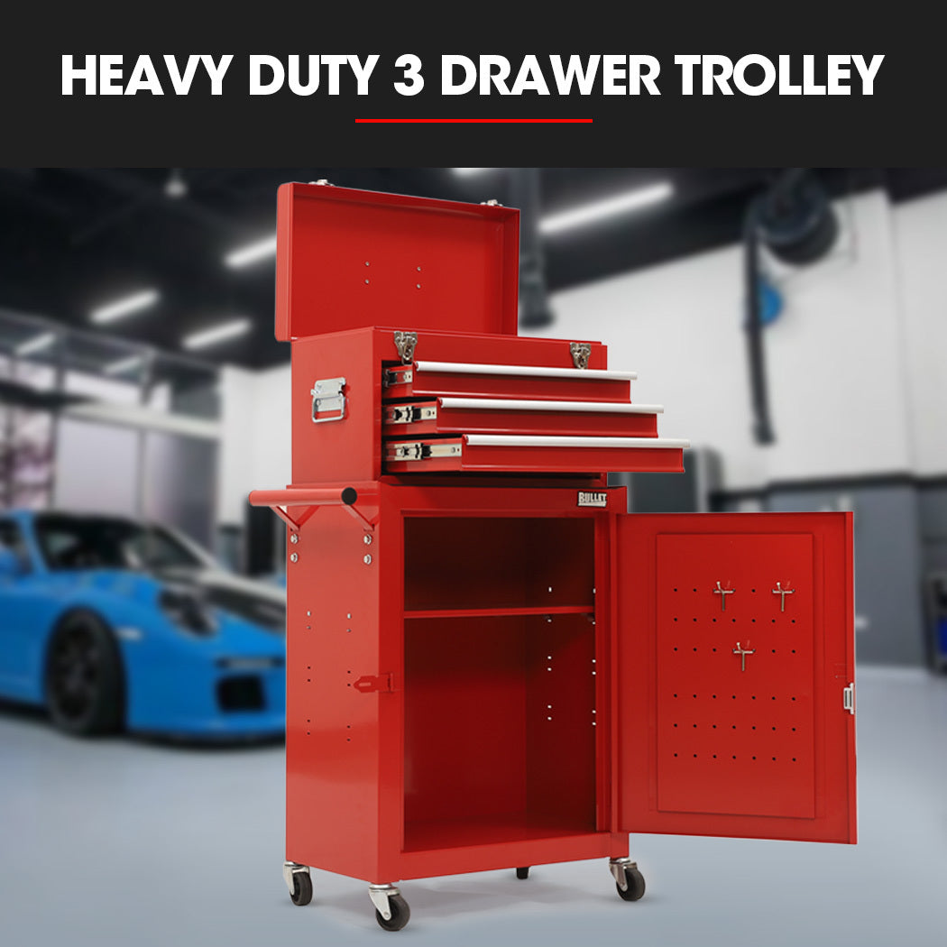 3-Drawer Tool Cabinet Trolley with Storage & Lockable Wheels - Red