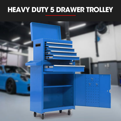 5-Drawer Tool Cabinet & Chest Storage with Wheels, Blue - 1.27m Height