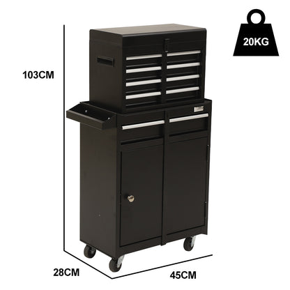 5 Drawer Tool Cabinet Chest with Wheels & Lock, 1-Door Garage Organizer, Black