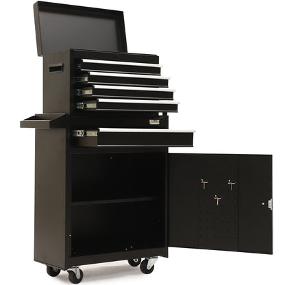5 Drawer Tool Cabinet Chest with Wheels & Lock, 1-Door Garage Organizer, Black