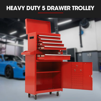 5-Drawer Tool Box Cabinet with 1-Door Garage Organizer, Red, 0.1m Wheels