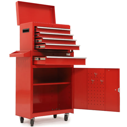 5-Drawer Tool Box Cabinet with 1-Door Garage Organizer, Red, 0.1m Wheels