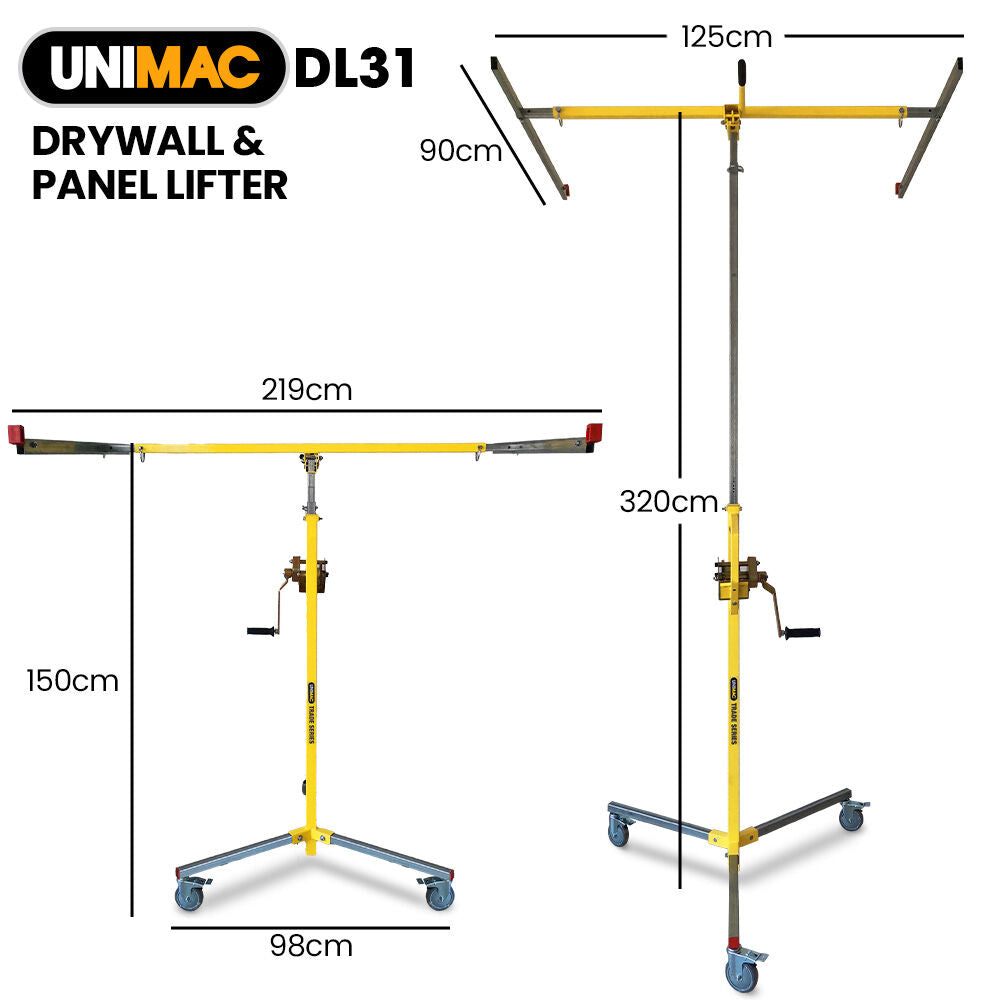 Drywall & Panel Lifter, 1200 x 3600 68kg Max Gyprock Sheet, Galvanised, No-mark Locking Castors