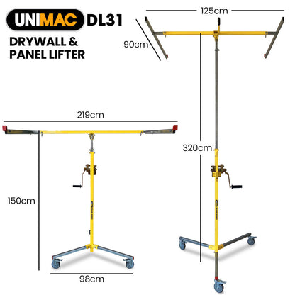 Drywall & Panel Lifter, 1200 x 3600 68kg Max Gyprock Sheet, Galvanised, No-mark Locking Castors