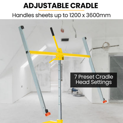 Drywall & Panel Lifter, 1200 x 3600 68kg Max Gyprock Sheet, Galvanised, No-mark Locking Castors