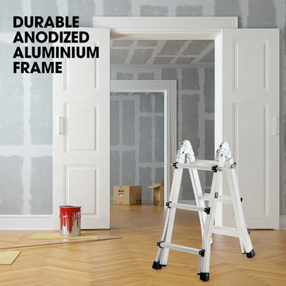 2.9m Folding Aluminium Ladder with Workshelf and Safety Lock Adjusters