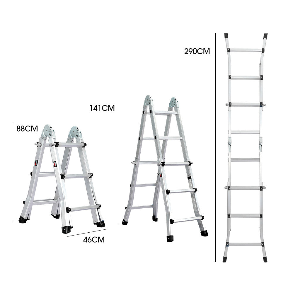 2.9m Folding Aluminium Ladder with Workshelf and Safety Lock Adjusters