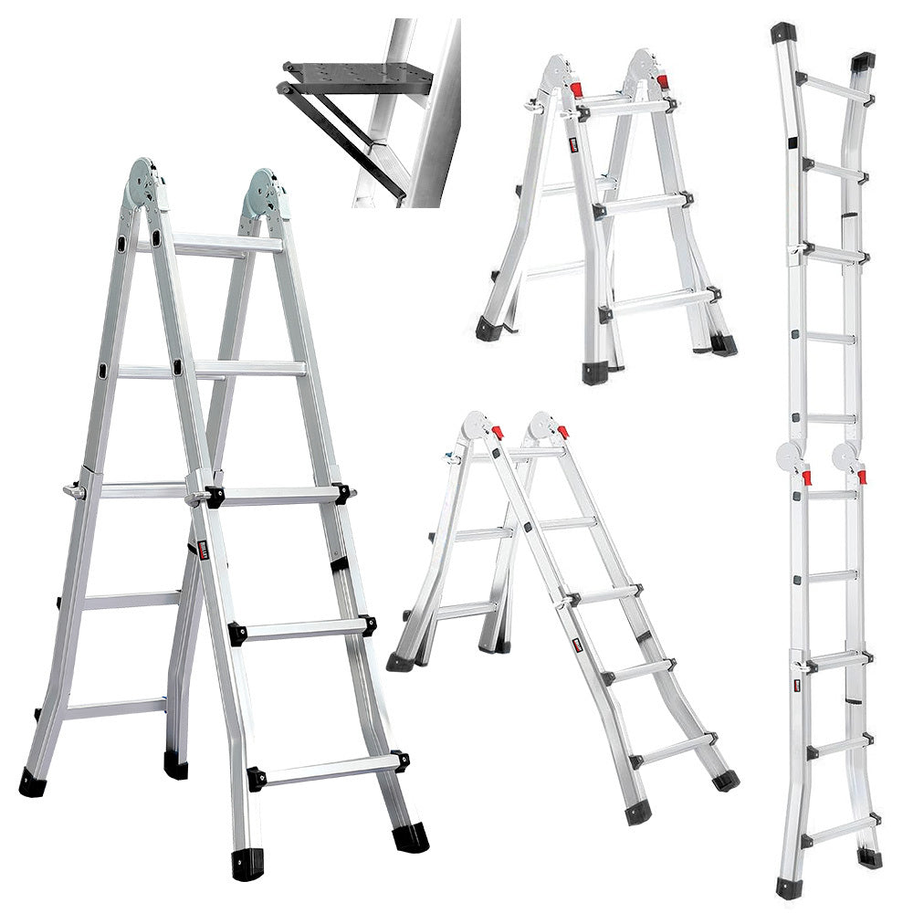 2.9m Folding Aluminium Ladder with Workshelf and Safety Lock Adjusters