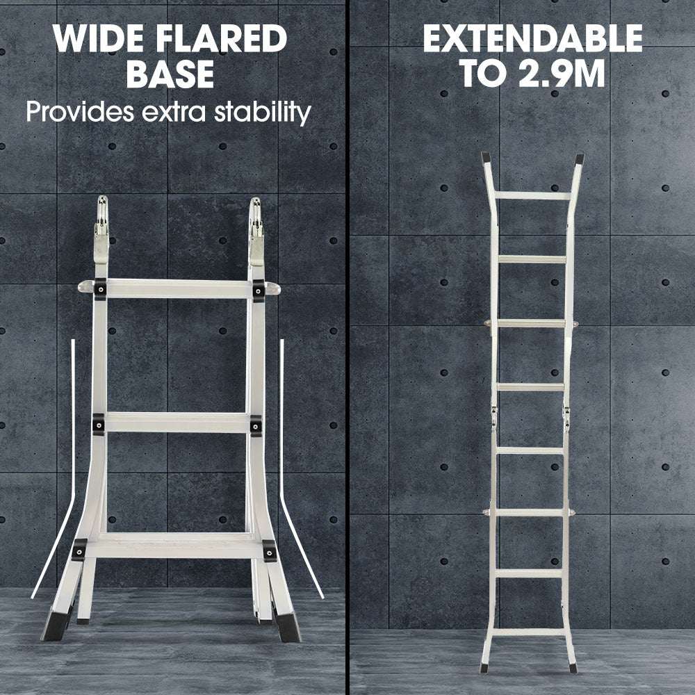 2.9m Folding Aluminium Ladder with Workshelf and Safety Lock Adjusters