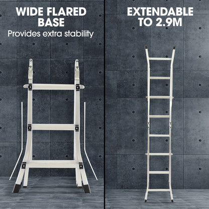 2.9m Folding Aluminium Ladder with Workshelf and Safety Lock Adjusters
