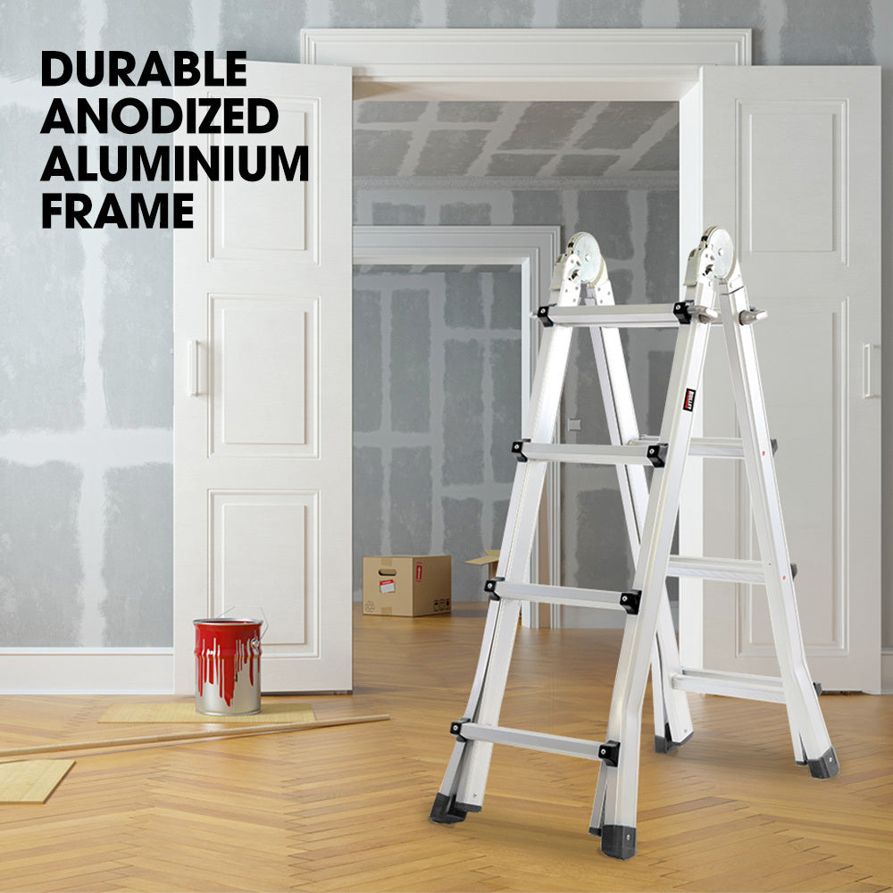 4m Multipurpose Aluminium Ladder w/ Workshelf & Safety Lock Adjusters