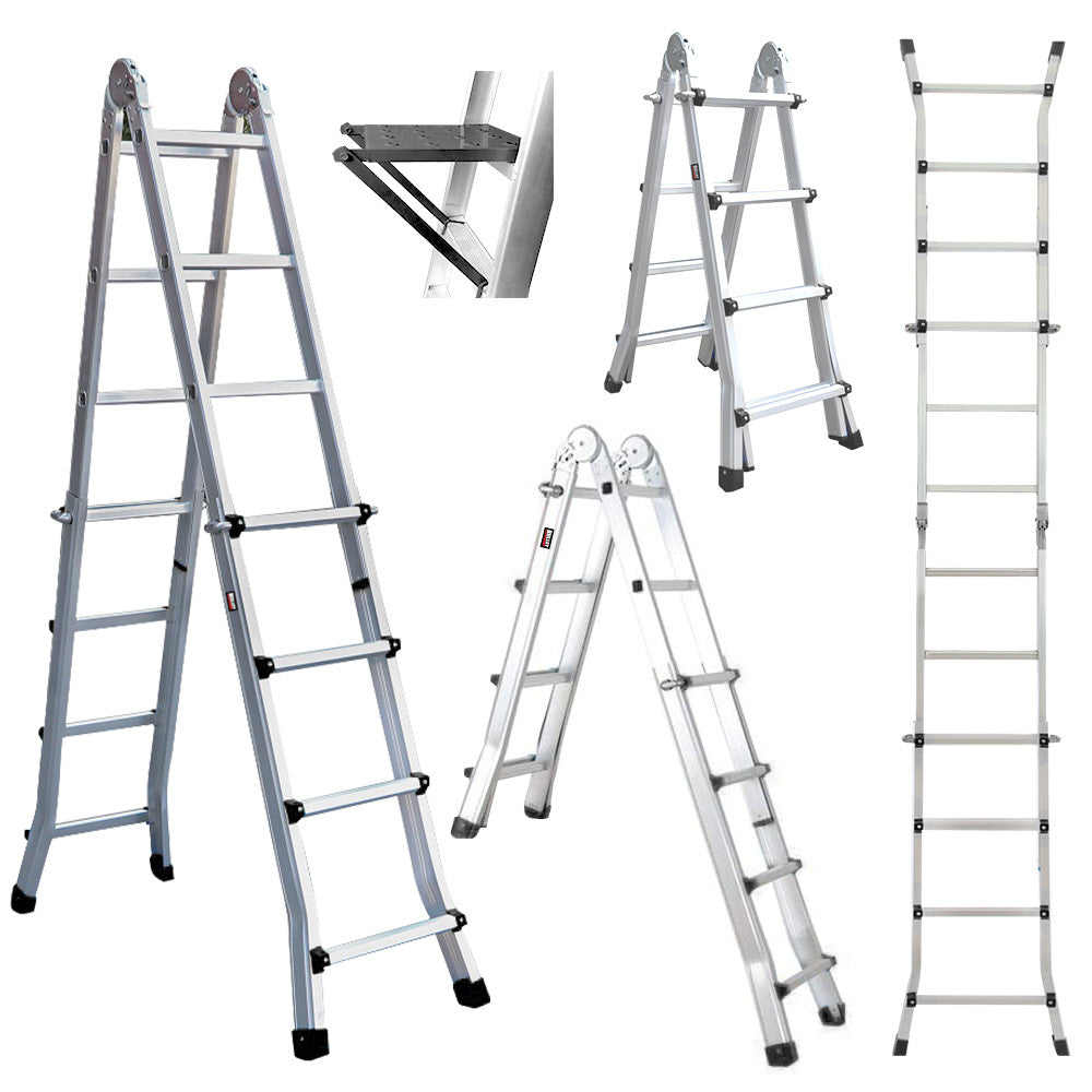 4m Multipurpose Aluminium Ladder w/ Workshelf & Safety Lock Adjusters