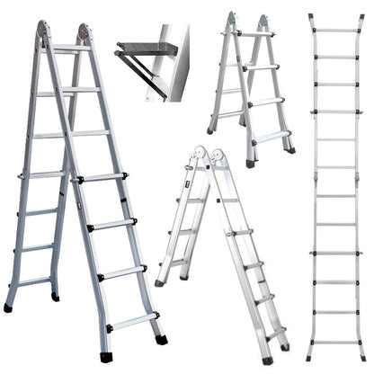 4m Multipurpose Aluminium Ladder w/ Workshelf & Safety Lock Adjusters